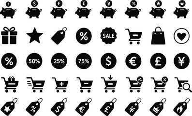 Fototapeta premium Blackandwhite icons of shopping and finance on transparent background