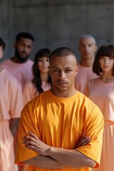 Obraz premium Confident young man in orange shirt leading a diverse group behind him for team portrait and corporate lifestyle background
