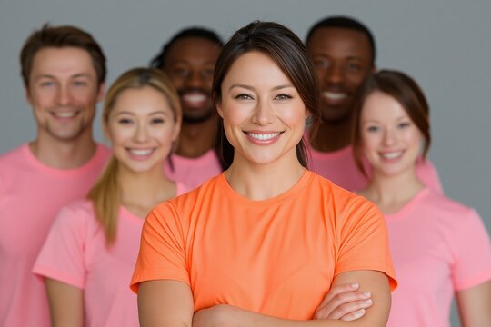 Smiling diverse volunteer team in matching shirts for community charity campaign and group portrait background