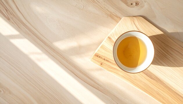 木製コースターの上のお茶碗に注がれた柔らかい光の和のティータイム