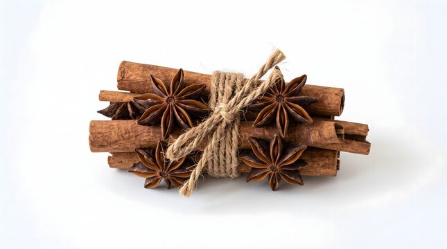 Star anise pods and cinnamon bark sticks tied with rough jute twine, isolated on a solid white background