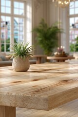 Fototapeta premium Light wooden farmhouse table with small textured pot and spiky succulent in a bright elegant room for background and dining decor