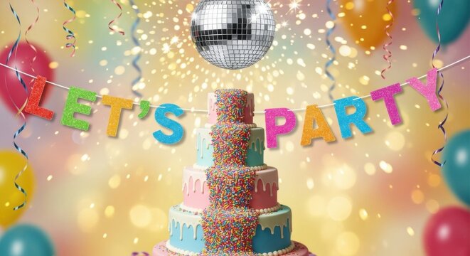 Colorful tiered birthday cake with sprinkles and lets party festive banner decoration