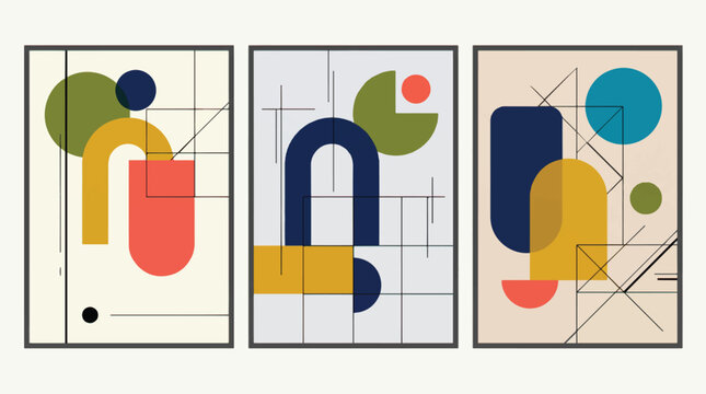 Bauhaus style geometric wall art set, mid-century modern abstract posters with circles and arches, minimalist vector illustrations for home decor
