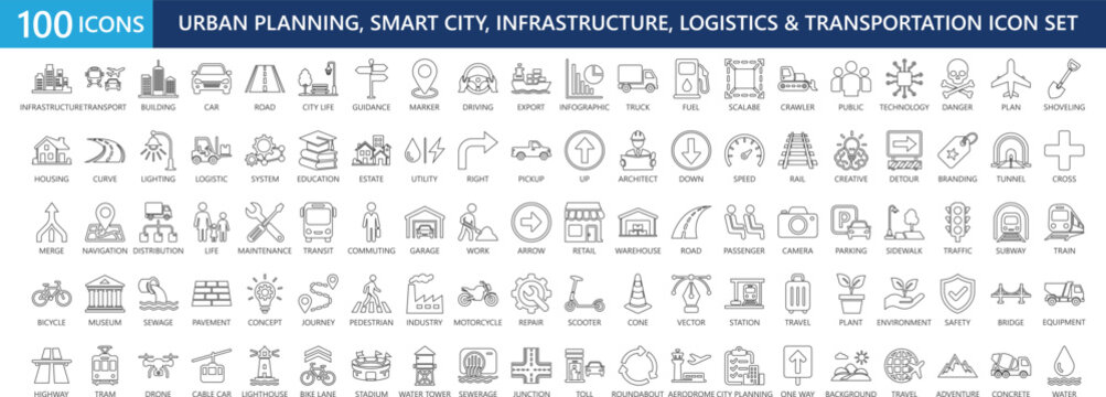 100 city infrastructure and transportation line icons. vector stroke symbols for urban planning, logistics, facility, traffic, and smart city design.