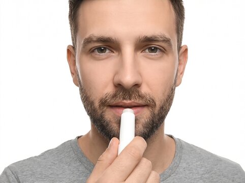 Handsome man applying clear lip balm from blank white tube isolated on white