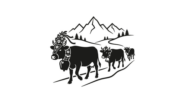 Line art illustration of a decorated cow leading a herd in a mountain landscape.