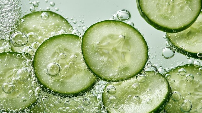 Sliced Cucumber Pieces In Bubbly Water On Mint Green Background
