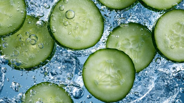 Sliced Cucumber Pieces In Bubbly Water On Blue Background