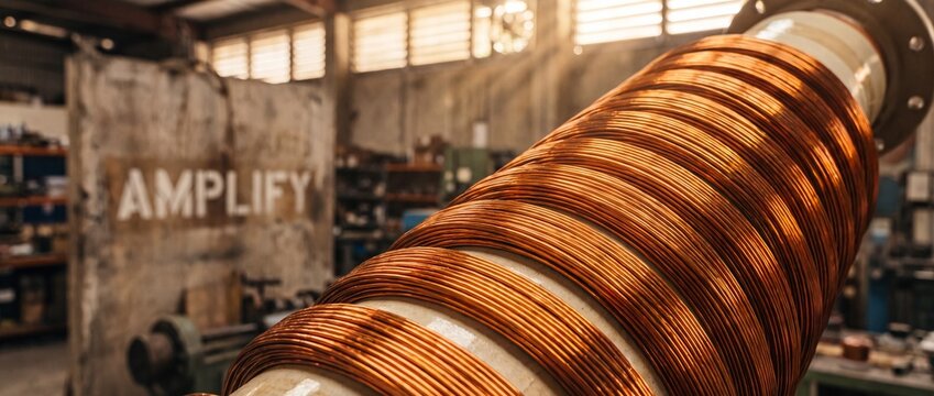 Copper wire coil industrial winding machine in electrical manufacturing factory workshop, heavy machinery components for power generation station, engineering technology background close up.