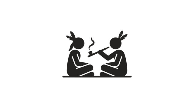 A minimalist black icon depicting two indigenous people sitting and sharing a peace pipe.
