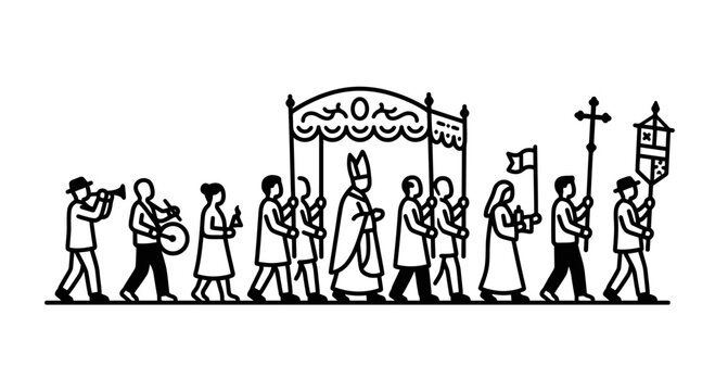 A black and white line art illustration of a religious procession with a priest and followers.
