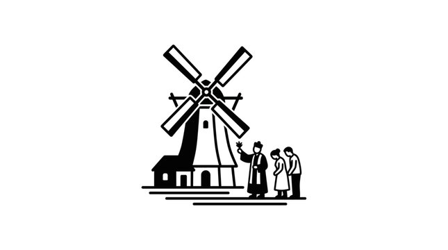 A black and white line art illustration featuring a traditional windmill with a priest blessing a couple.