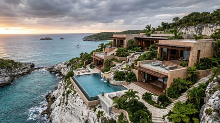 Fototapeta premium Cliffside tropical villa with infinity pool overlooking ocean cove