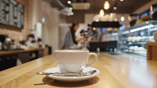 Cup of coffee sits on wooden counter with steam rising. Busy caf&eacute; interior features shelves of baked goods. Concept of caf&eacute; culture, coffee shops, hospitality industry
