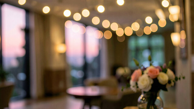 Blurred hotel lobby interior background with soft bokeh and copy space