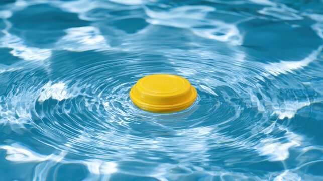 Bright yellow circular lid floating on the surface of calm rippling blue swimming pool water