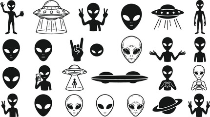 Extraterrestrial Alien Vector Icon Set Featuring Sci-Fi UFO Spaceships Outer Space Creatures Hand Gestures and Futuristic Silhouette Designs © Feroz