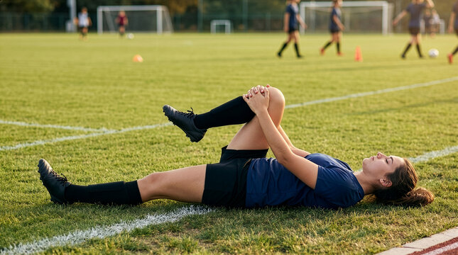 Female soccer player lying on grass field stretching her leg during team practice