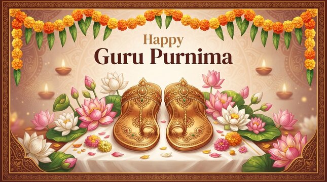 Happy guru purnima greeting with traditional paduka sandals and flowers