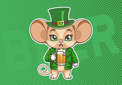 Vector cute cartoon funny smiling happy little mouse, green hat and jacket, holding glass beer mug with foam. Toon sticker. Alcohol yeast invigorating hoppy drink. Lucky clover leaf. St. Patricks Day