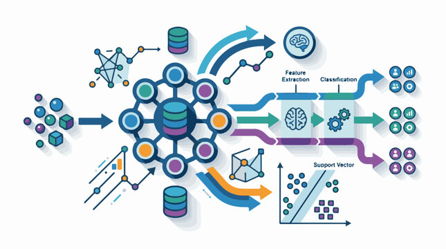 Abstract infographic of data processing analysis and machine learning