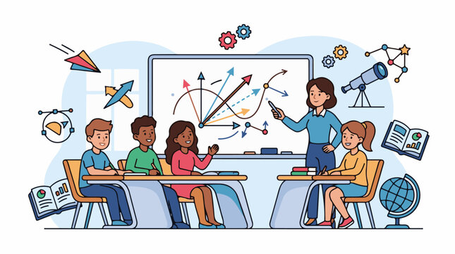 Diverse children learn math and science from a teacher with educational visuals
