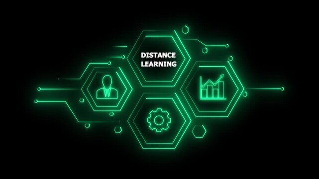 Abstract neon Hud knowledge ability business gear icon Glowing neon line concept.Glowing "DISTANCE LEARNING" button in German on a futuristic,abstract wave technology on black background.4K animation