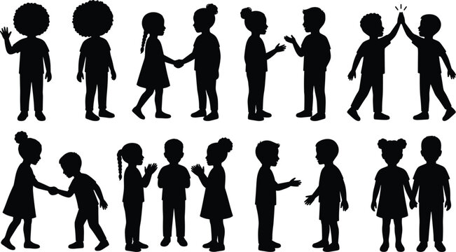 Children Interaction Silhouette Collection with Kids Greeting Talking High Five and Friendship Poses