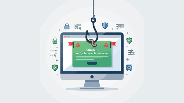 Phishing scam on computer screen with hook.
