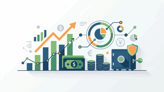 Financial growth and security illustrated with charts money and a safe