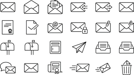 Minimalist email message communication vector line art icons set featuring envelopes mailboxes paper airplane certificate inbox trash can © MD