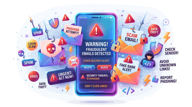 Warning signs and symbols for scam emails and phishing attacks on mobile devices.