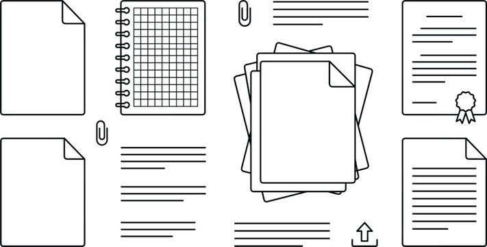 Minimalist document paper sheet vector line art icons set featuring notebook spiral grid certificate stack file contract corporate