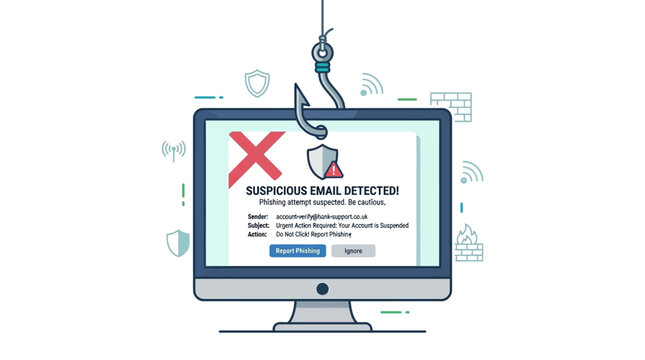A computer screen displaying a warning message about a suspicious email detected.