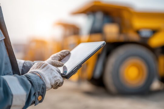Close-up of mining engineer in safety vest using digital tablet at quarry. Blurred yellow dump truck in background. Open-pit mine logistics, heavy machinery technology, industrial automation.