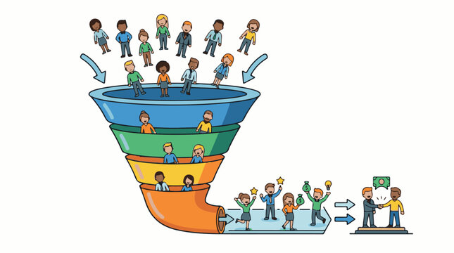 Diverse people flow into funnel then emerge as happy customers