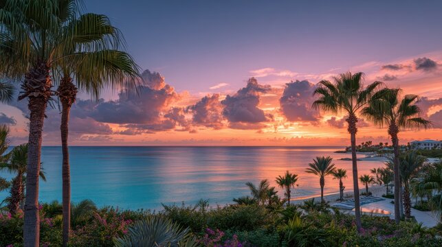 sunset in Turks and Caicos on a serene Sunday evening, stunning gradient sky blending warm oranges, pinks, and soft blues, calm turquoise ocean stretching to the horizon
