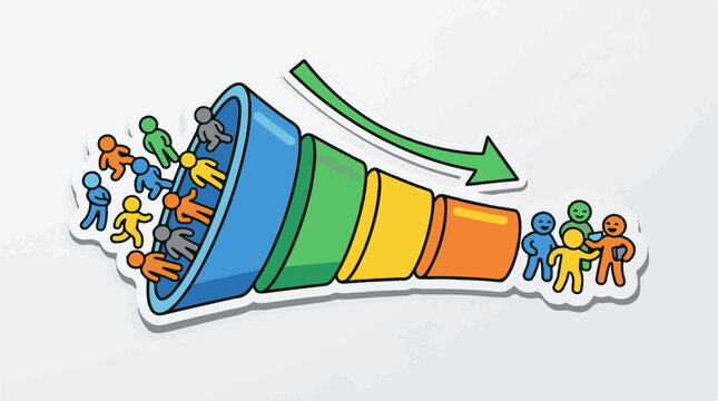 Funnel diagram with colorful stages guiding stick figures to a goal