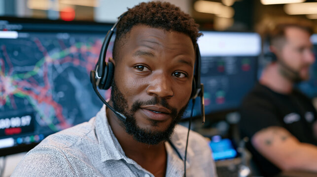 Same-day delivery pressure visible as a dispatch team tracks live order fulfillment rates on a countdown timer dashboard, phone headsets on, screens showing route density maps as the afternoon cut-o