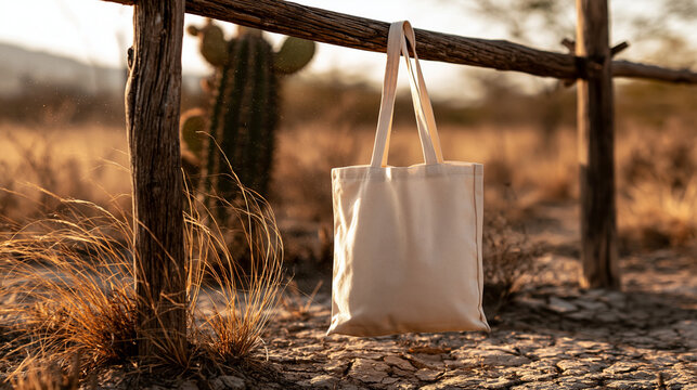 Blank cotton canvas tote bag with no logo and no print, hanging from a rustic wooden fence in the Brazilian northeastern sert&atilde;o, dry caatinga vegetation, cracked earth, mandacaru c