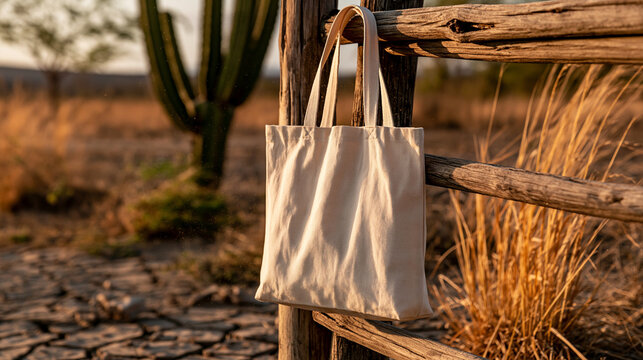 Blank cotton canvas tote bag with no logo and no print, hanging from a rustic wooden fence in the Brazilian northeastern sert&atilde;o, dry caatinga vegetation, cracked earth, mandacaru c