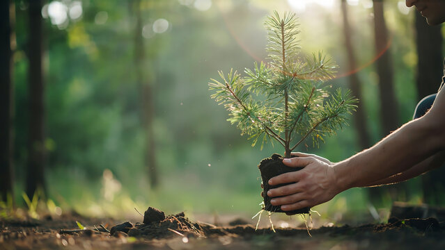 Man Hands Holding Pine Tree Sapling for Planting in Forest Soil and Environmental Reforestation