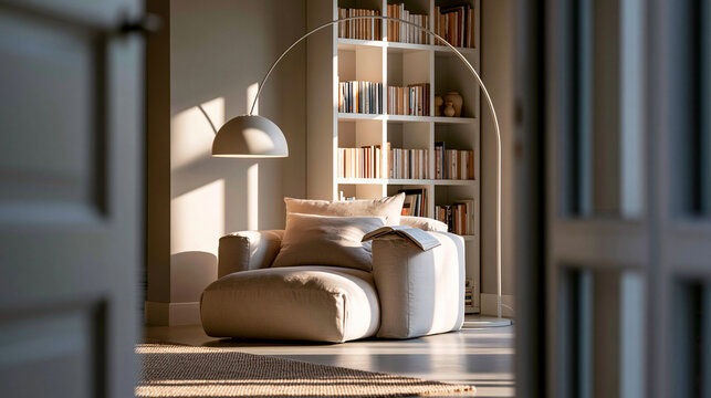 Scandinavian reading corner viewed through a partially open door, the door occupying the left foreground intentionally heavily out of focus creating a soft dark frame, camera posit