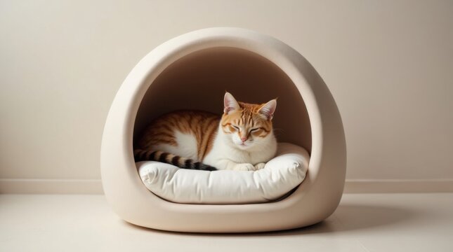 Un gato adorable durmiendo c&oacute;modamente dentro de una moderna casa para mascotas con forma de c&uacute;pula y cojines suaves