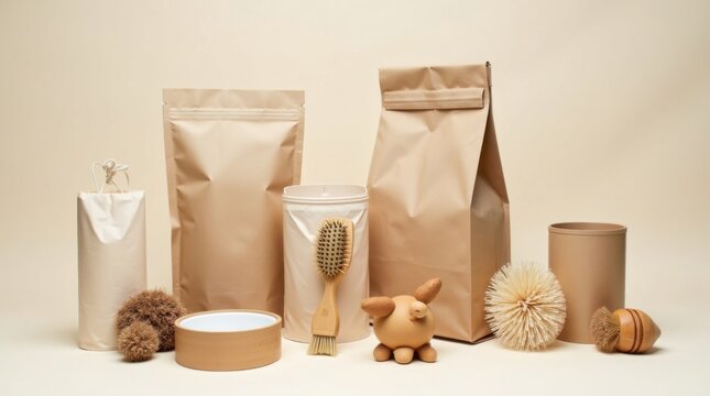 Colecci&oacute;n de productos sostenibles para mascotas que incluye bolsas biodegradables para desechos y cuencos de bamb&uacute;