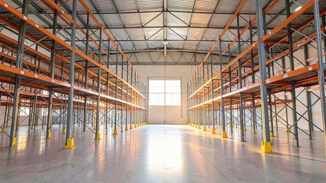 Modern empty warehouse interior with tall pallet racks and deep perspective