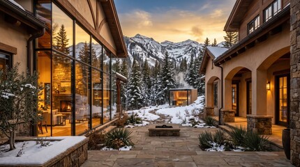 Fototapeta premium Snow covered mountain villa courtyard with glass sauna