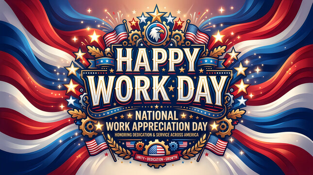 Celebratory Work Appreciation Banner with American Flags and Gold Trophy in Festive Setting