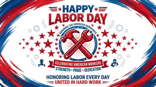 Celebratory Labor Day Badge with Red Ribbon and Tools on Vibrant Circular Background